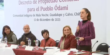 Presidenta Sheinbaum entrega tierras comunales al pueblo ódami en Guadalupe y Calvo